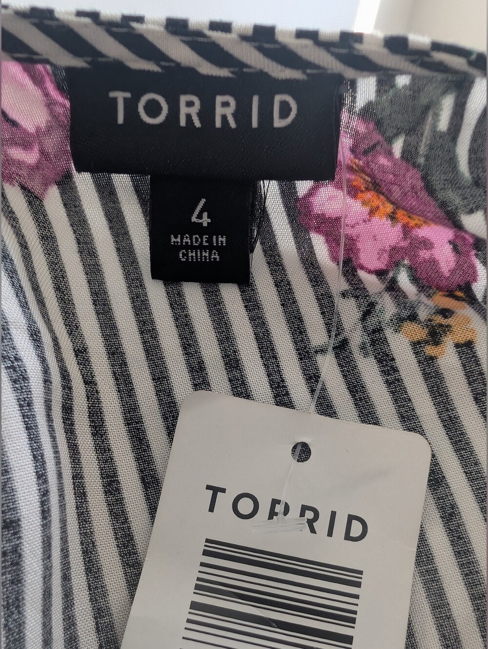 Torrid Black & White Striped Midi Dress with Pink Floral Accents Size 4X - Picture 4 of 9